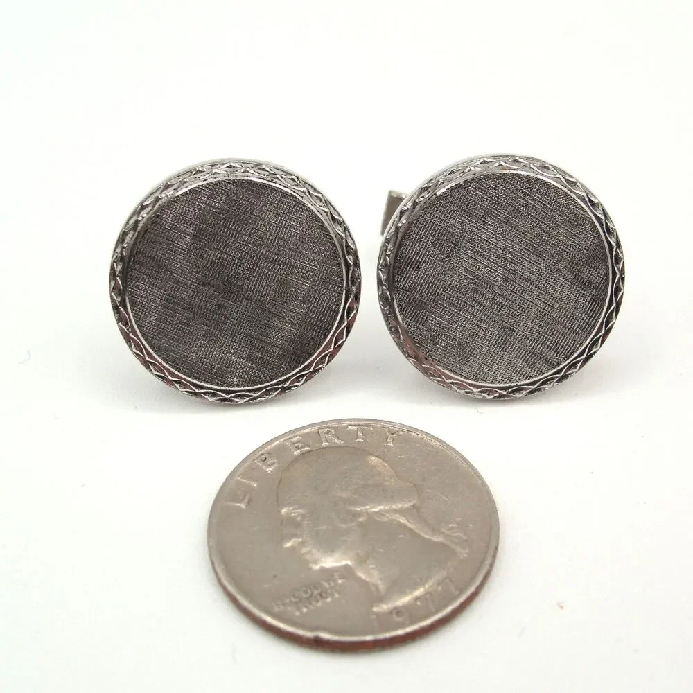 Vintage Sterling Silver Round Cufflinks Brush Textured Face Diamond Cut Edge MCM